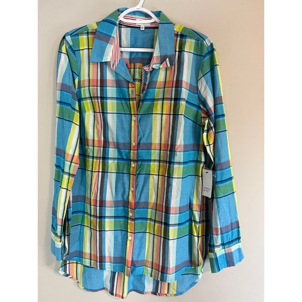 Crown & Ivy Womens Essential Signature Plaid Button Down Shirt Blue Multi Size M